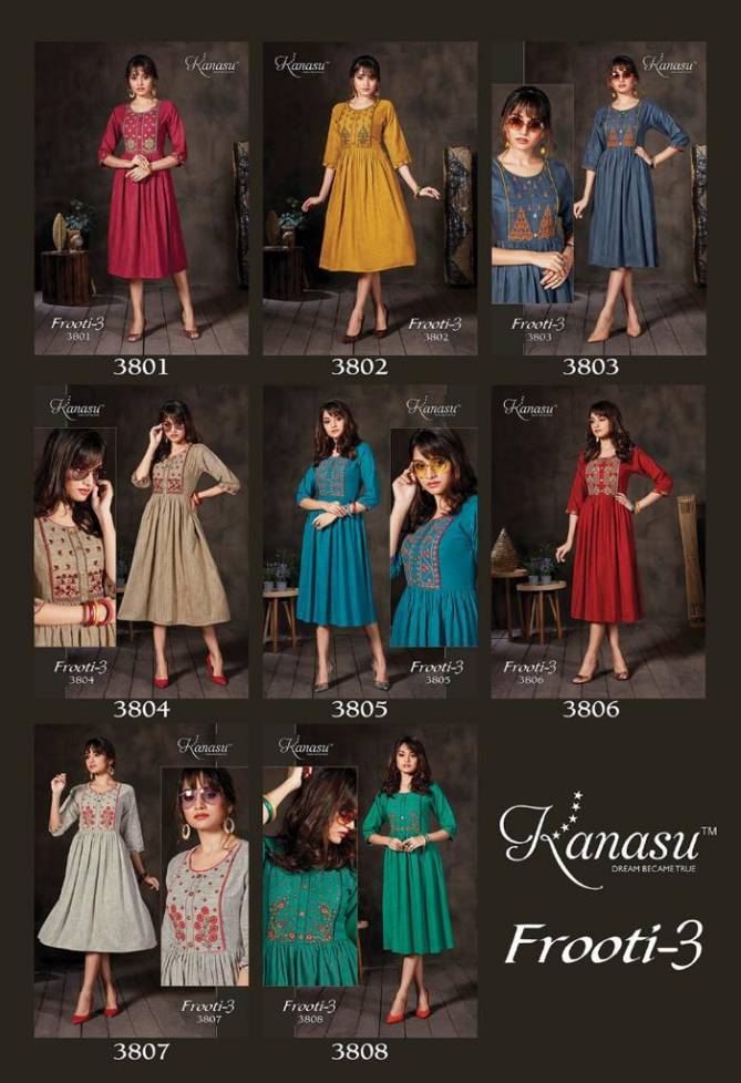Kanasu Frooti 3 Ethnic Wear Fancy Rayon Flair Kurtis Collection
